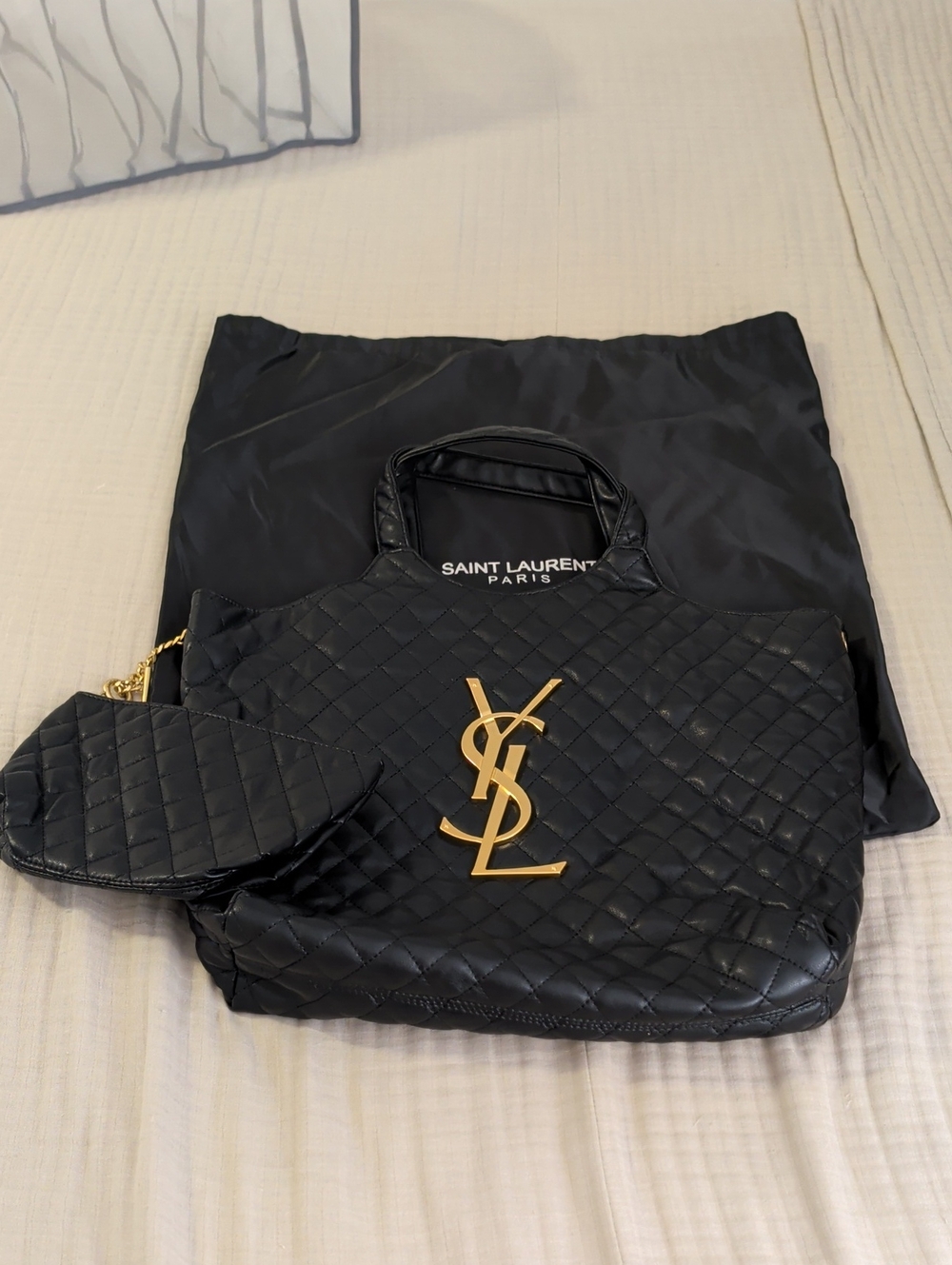 Beautiful Black Quilted Leather Tote with Gold YSL Emblem